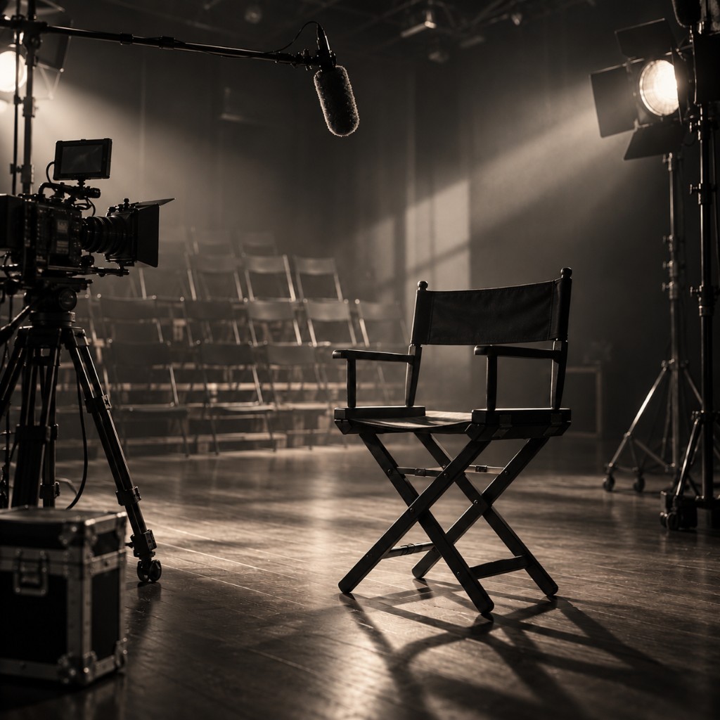 Set cinematografico con sedia da regista, cinepresa e luci